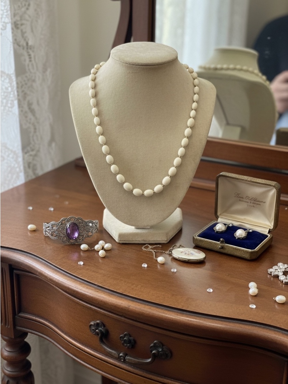 Vintage Monet White Lucite Oval Bead Necklace Gold Spacers 28"